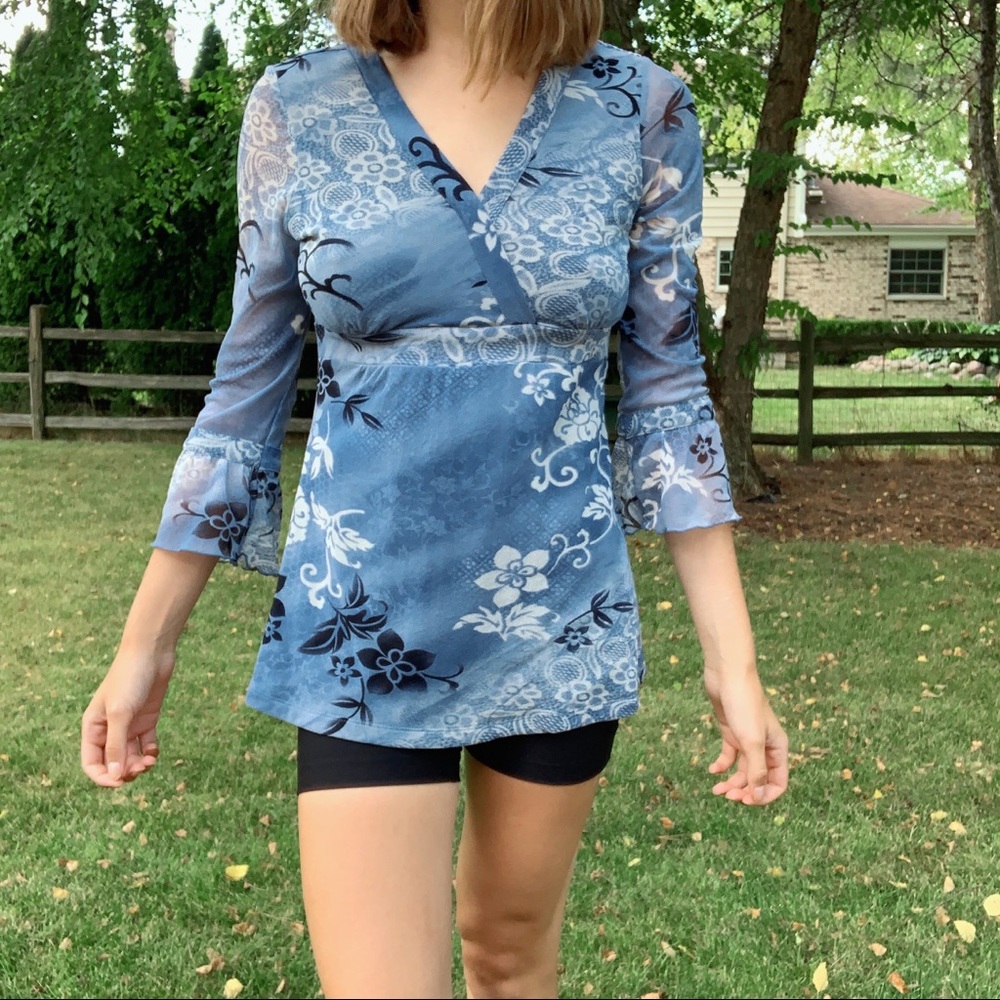 INC Blue Mesh Boho Top